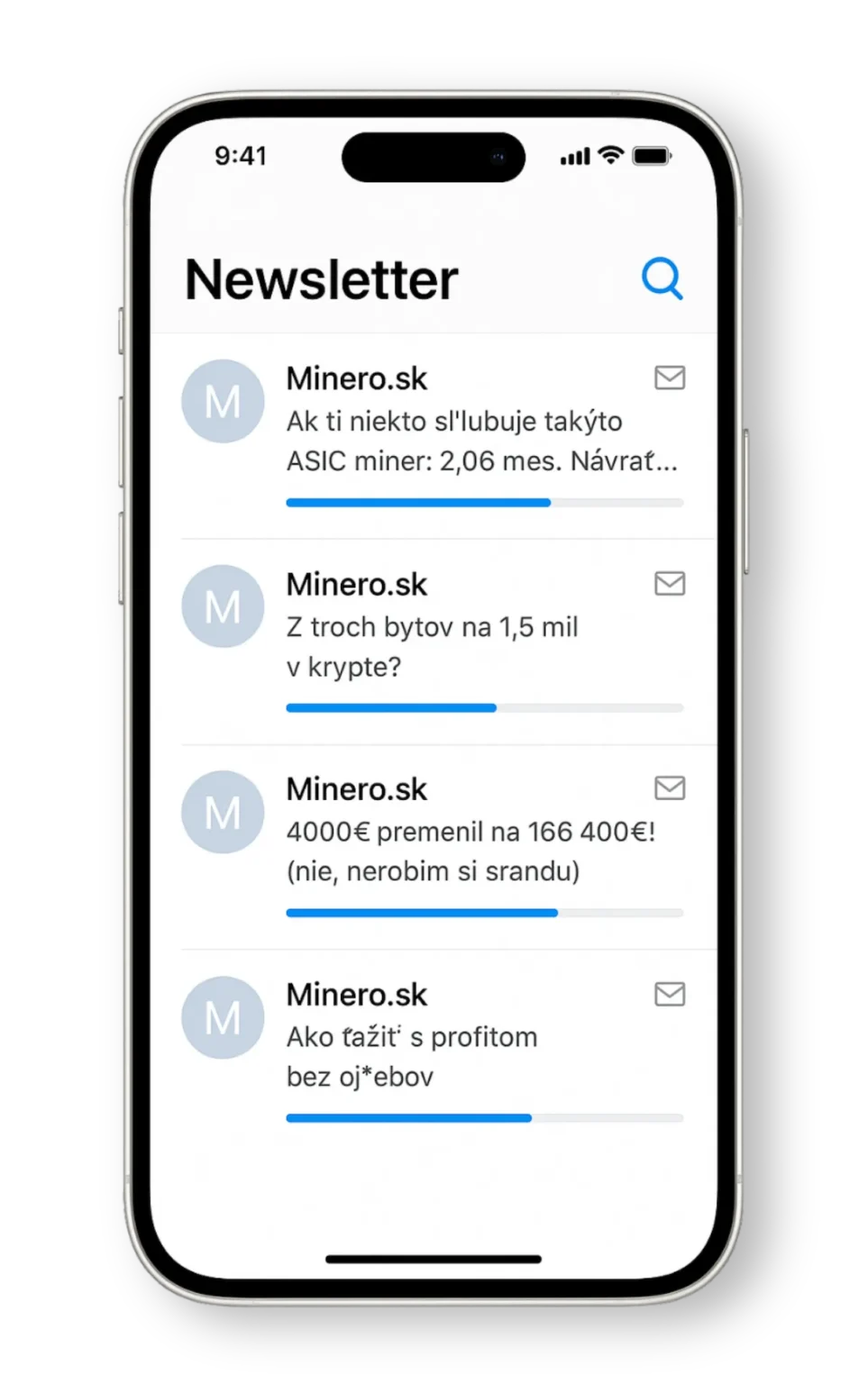 Ukážka newslettera Minero.sk v mobile